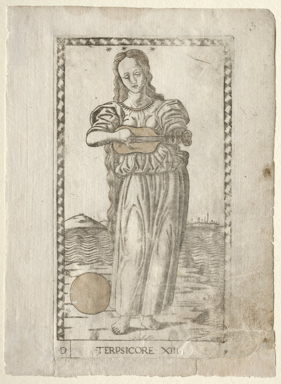 Terpsichore tanzt und singt aus der Tarocchi-Serie D..., vor 1467 von Master of the E Series Tarocchi