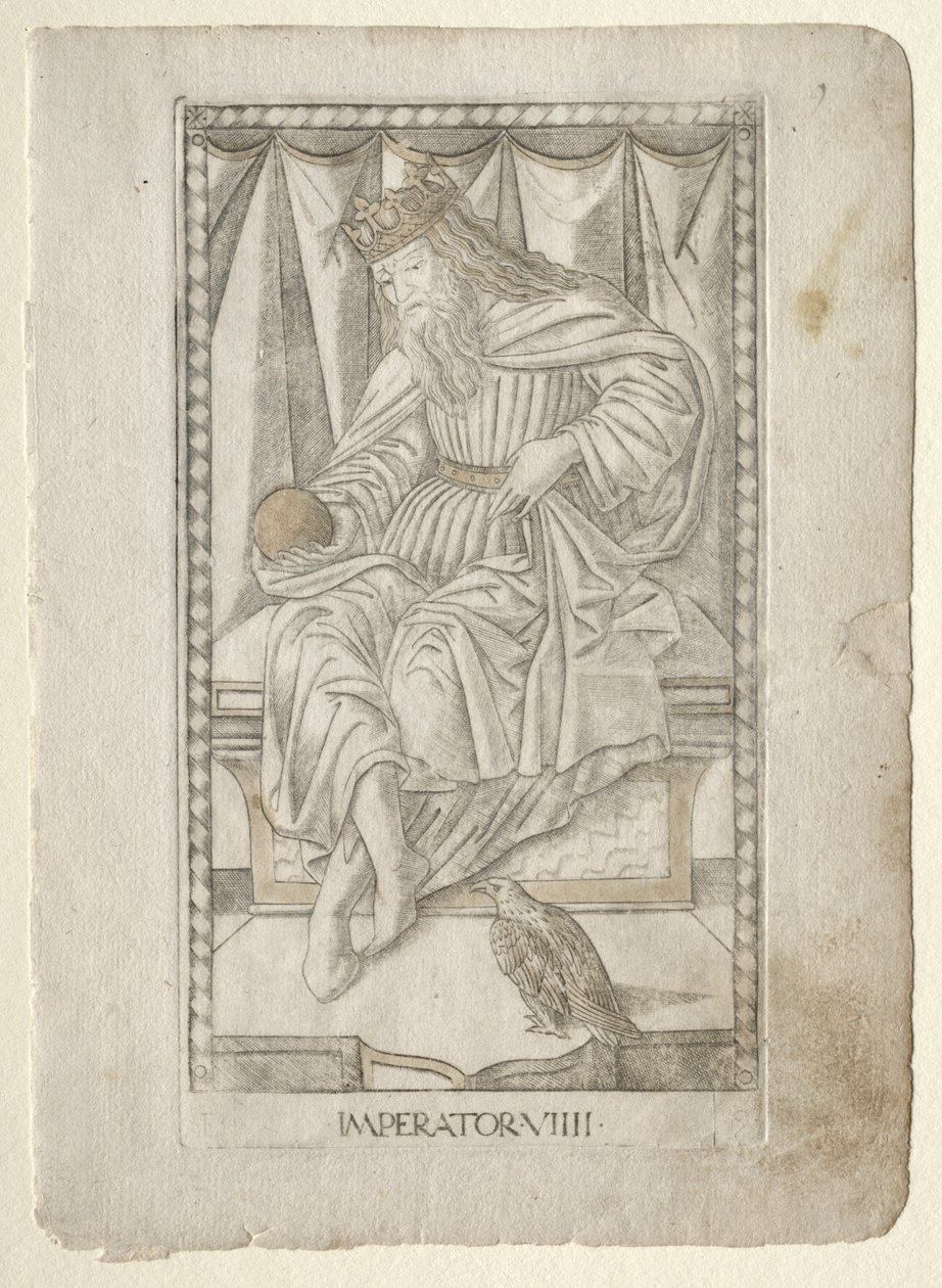 Der Kaiser aus dem Tarocchi, Serie E: Bedingungen des Menschen, Nr. 9, vor 1467 von Master of the E Series Tarocchi