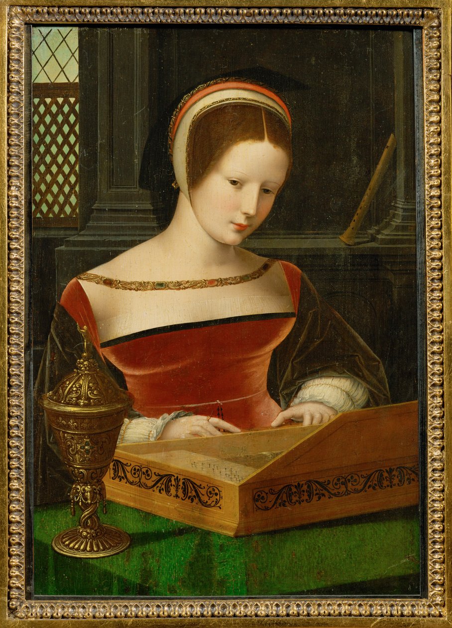 Dame am Klavichord. Der Salbentopf ist ein Attribut der Heiligen Maria Magdalena von Master of the Half Figures