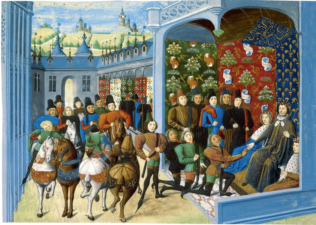 König Karl VI. von Frankreich empfängt die englischen Gesandten. Aus den Chroniken von Jean Froissart, vor von Master of the Harley Froissart