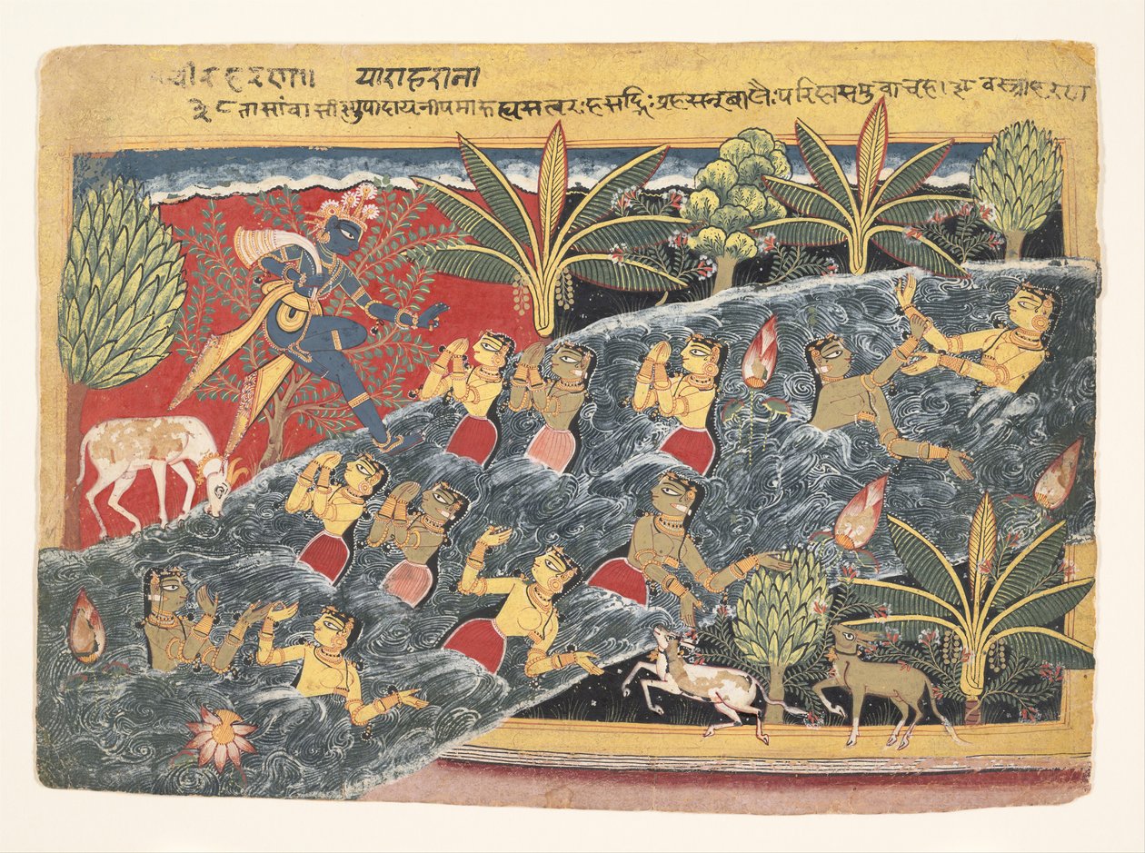 Die Gopis bitten Krishna, ihre Kleidung zurückzugeben: Folio aus Isarda Bhagavata von Master of the Isarda