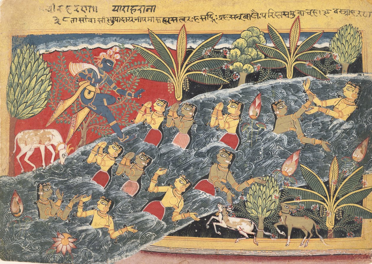 Die Gopis bitten Krishna, ihre Kleidung zurückzugeben..., ca. 1560-65 von Master of the Isarda