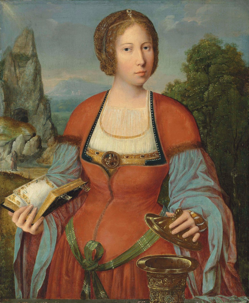 Die Magdalena hält ein Stundenbuch in einer Landschaft von Master of the Mansi Magdalen