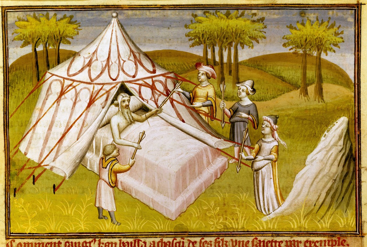 Der mongolische Führer Dschingis Khan auf seinem Sterbebett gibt seinen Söhnen seine letzten Empfehlungen, ca. 1410 (Miniatur) von Master of the Mazarine