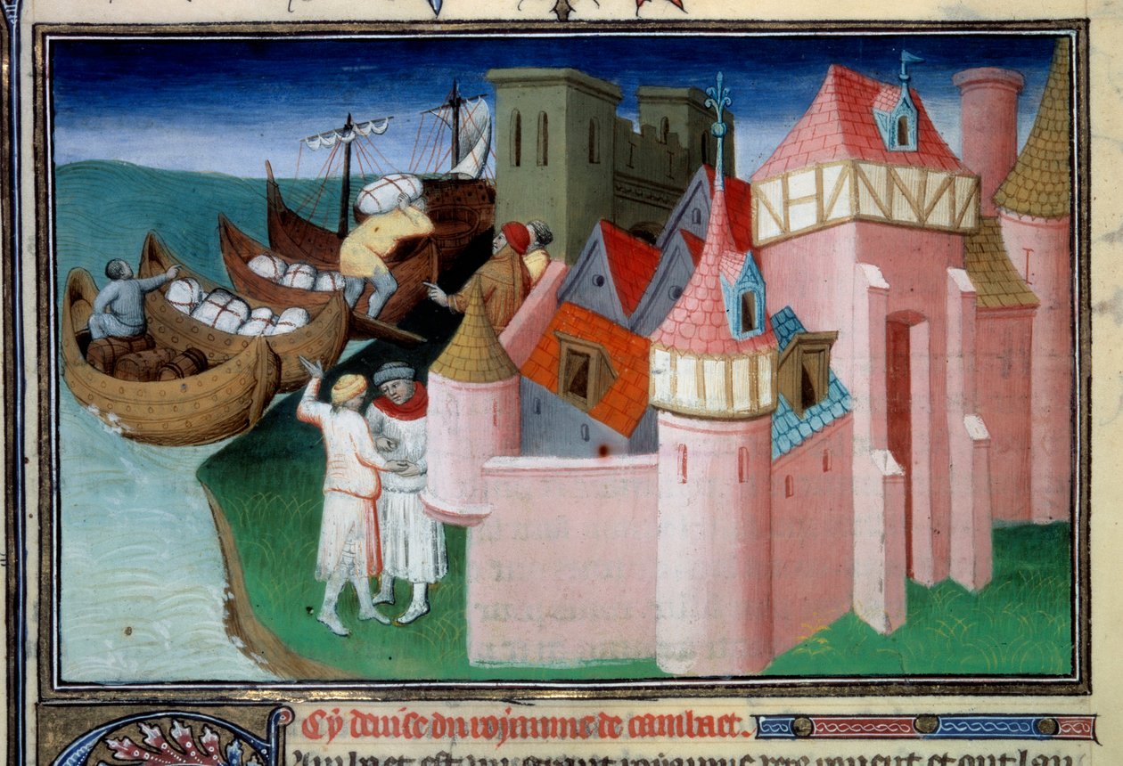 Entladen von Kugeln in der Stadt Khambhat, Indien. Miniatur in „Das Buch der Wunder“ von Master of the Mazarine