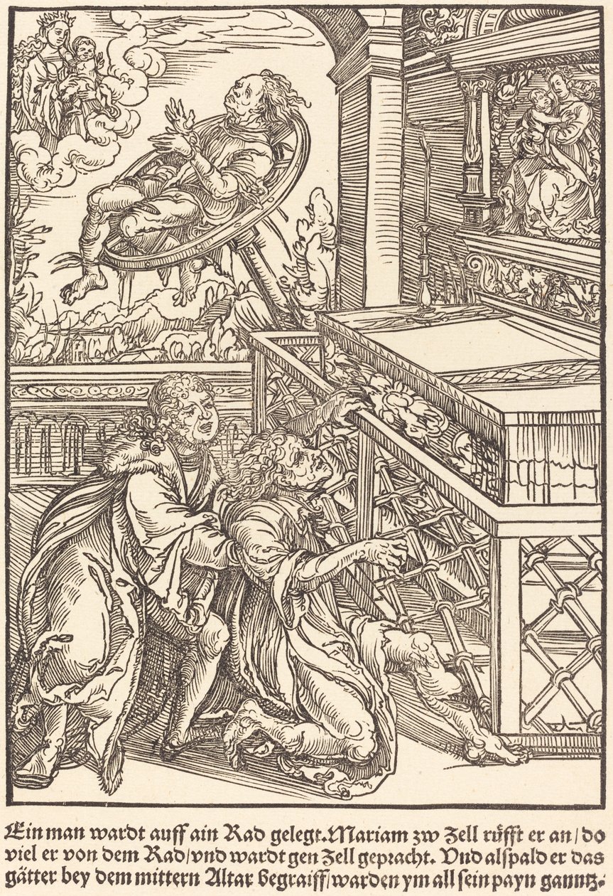 Ein Mann wurde auf ein Rad gespannt ... von Master of the Miracles of Mariazell