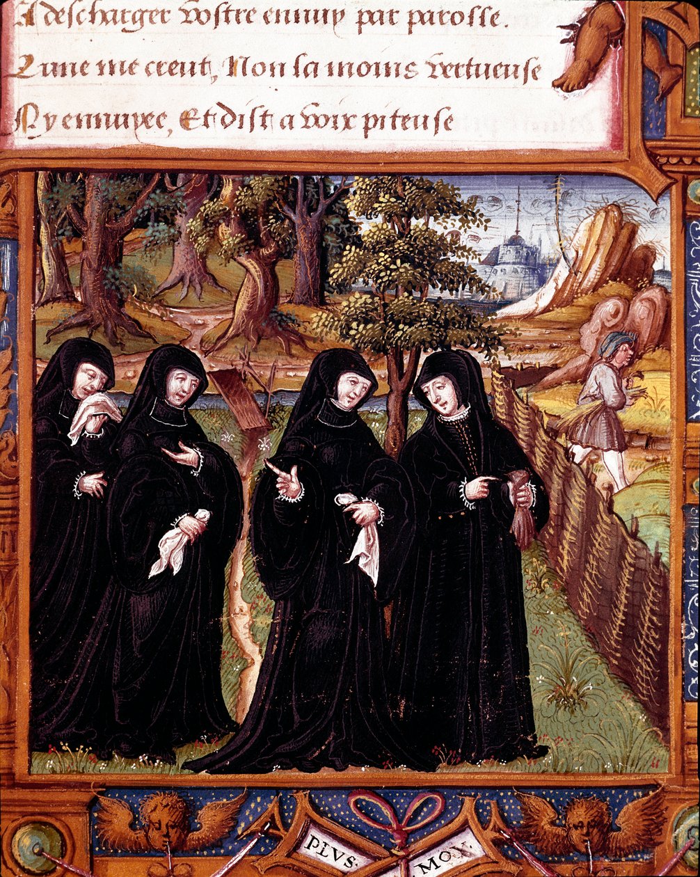 Darstellung der Königin von Navarra, Margarita von Angoulême, im Gespräch mit ihren Begleiterinnen von Master of the Rohan Hours