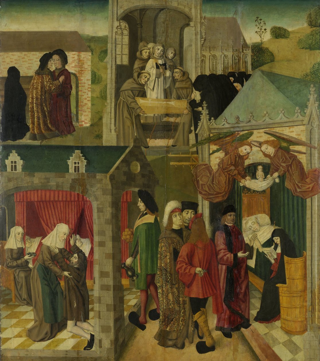 Die heilige Elisabeth von Ungarn pflegt die Kranken in Marburg, Tod der heiligen Elisabeth, innerer rechter Flügel eines Altars für die Grote Kerk in Dordrecht von Master of the St Elizabeth Panels