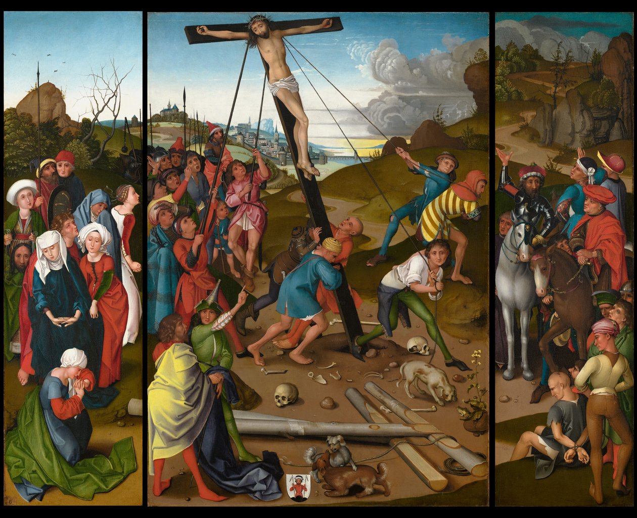 Die Kreuzaufrichtung [Mittel-, linkes und rechtes Panel] von Master of the Starck Triptych