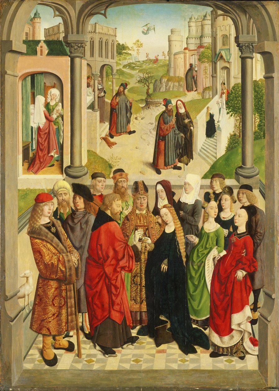 Die Hochzeit von Maria. Im Hintergrund (von links nach rechts) die Geburt Marias, Joachim wird aus dem Tempel vertrieben, die Verkündigung an Joachim, das Treffen am Goldenen Tor und die Darstellung Marias im Tempel von Master of the Tiburtine Sibyl