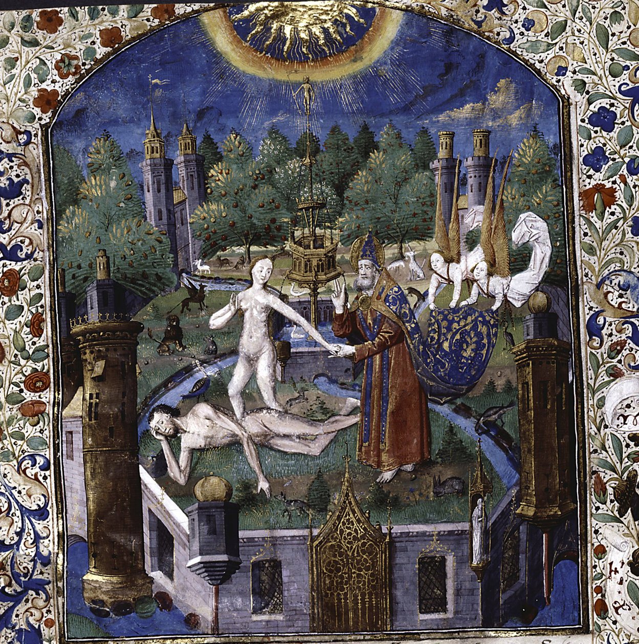 Die Erschaffung Evas aus dem Körper des schlafenden Adams aus De cleres et nobles femmes von Giovanni Boccaccio, 1450-1475 von Maître François