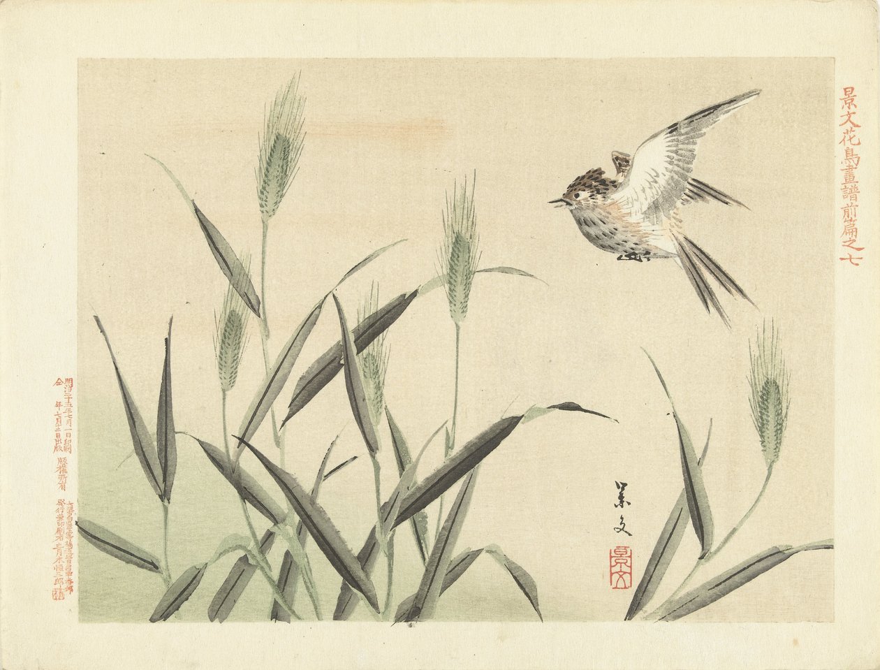Vogel fliegend bei Gräsern von Matsumura Keibun
