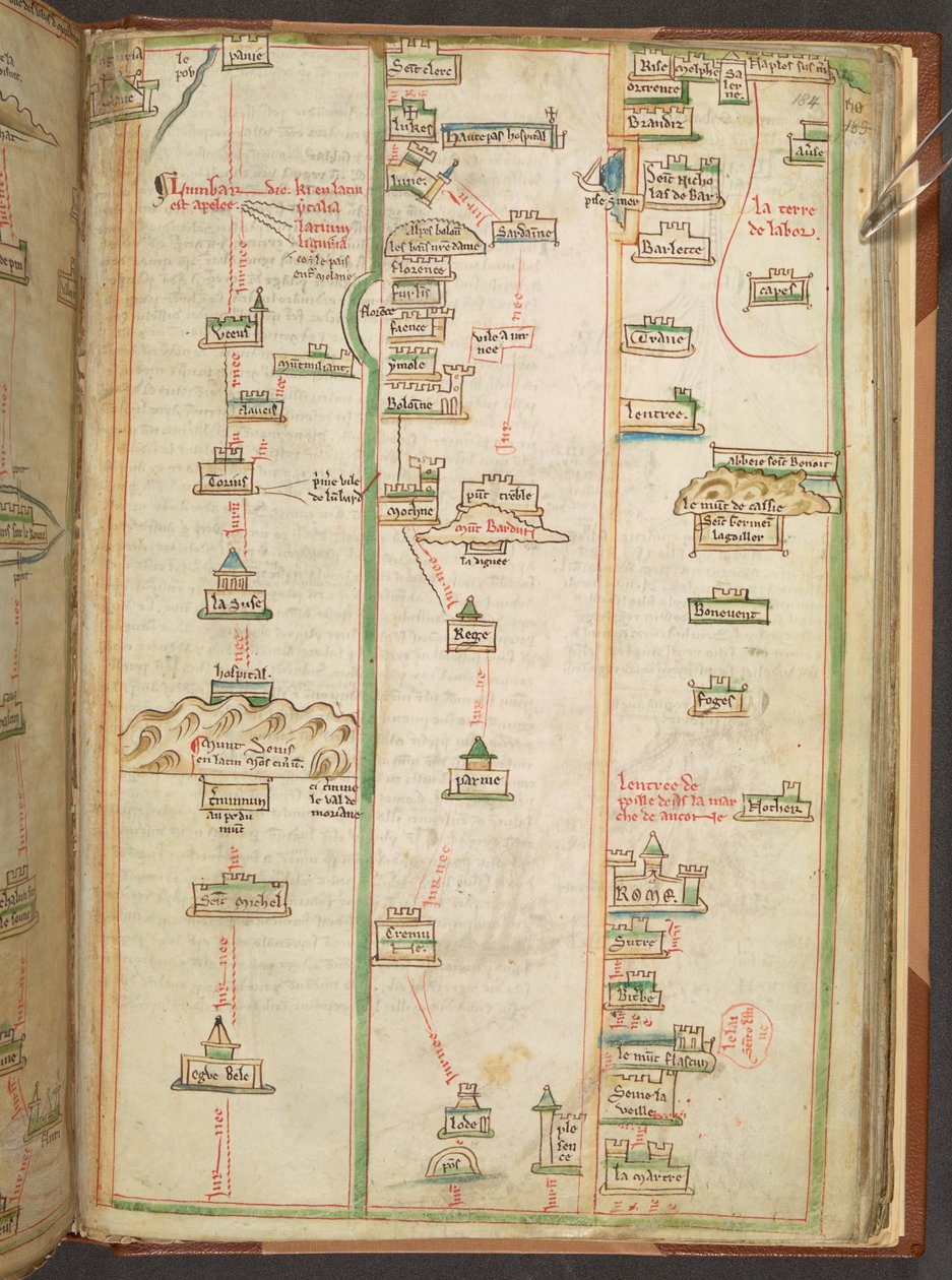 Eine Reiseroute, die die Route zwischen London und Neapel zeigt, aus Matthew Paris