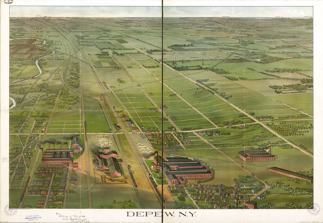 Vogelperspektive. Nach Norden ausgerichtet. LC Panoramakarten (2. Aufl.), 555.1 Auch über die Website der Library of Congress als Rasterbild verfügbar. LC-Kopie mit Tintenannotationen. Gestempelt: Compliments Depew Improvement Co.; S. Jay Ohart, Anwalt von Matthews Northrup Company