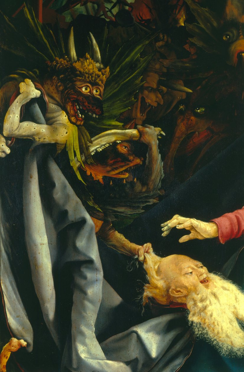 Dämonen ziehen am Haar des Heiligen Antonius (Detail), von der Versuchung des Heiligen Antonius, vom Isenheimer Altar von Matthias Grünewald