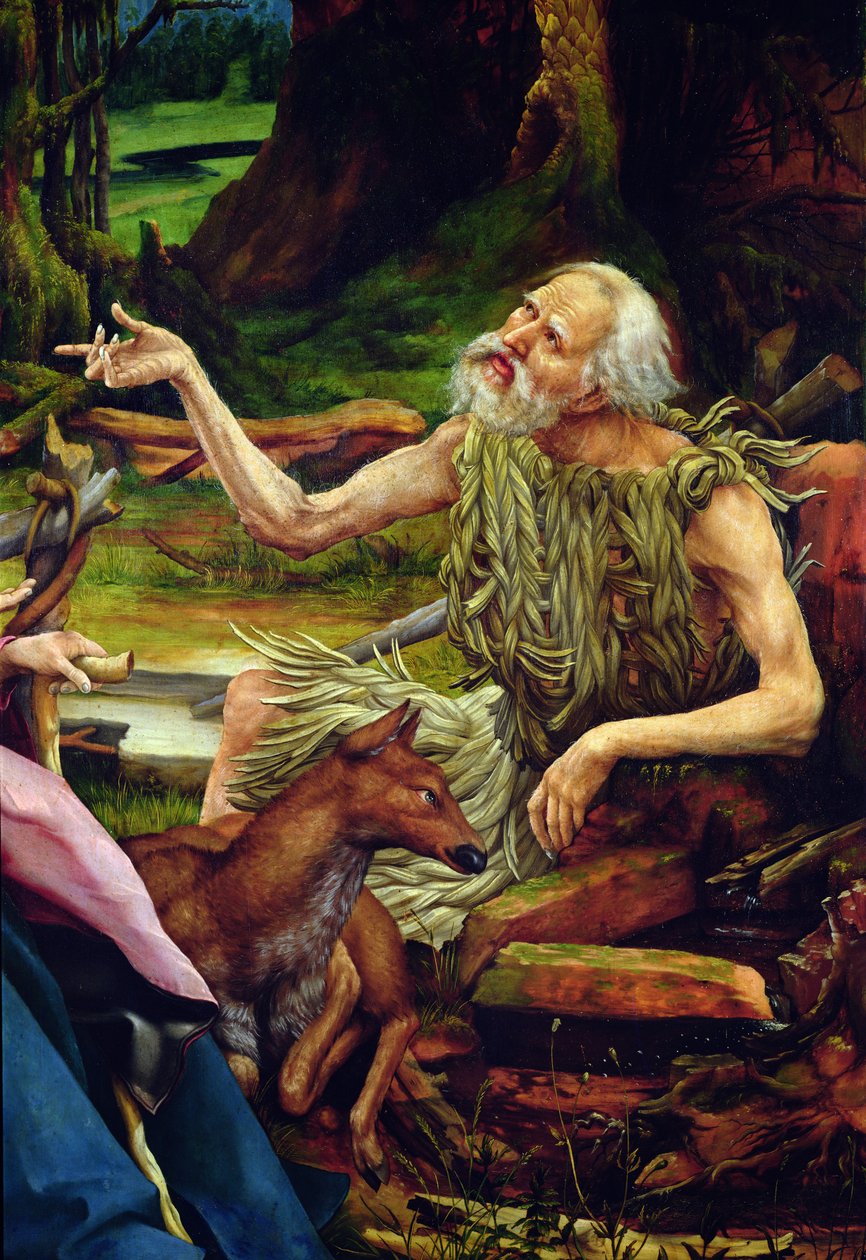 Isenheimer Altar (Detail) des Besuchs von St. Antonius bei St. Paulus dem Einsiedler von Matthias Grünewald