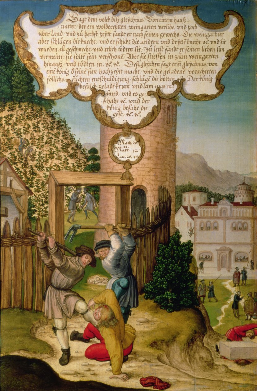 Die Weinbauern töten den Erben des Weinbergbesitzers, Darstellung der Lehre Christi 