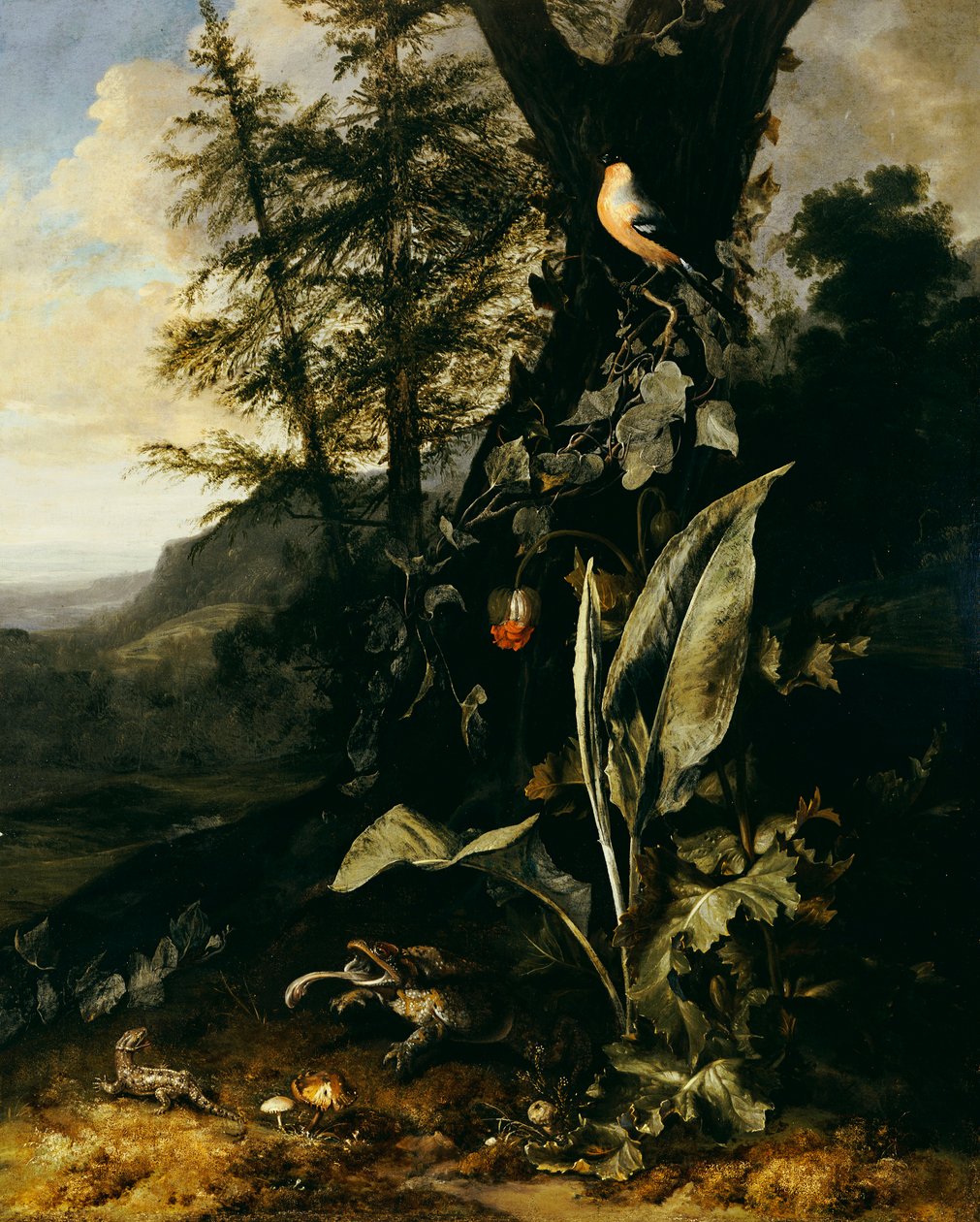 Ein Waldboden mit einer Kröte und einer Eidechse, ein Gimpel auf einem Efeuzweig darüber und ein Berg im Hintergrund von Matthias Withoos