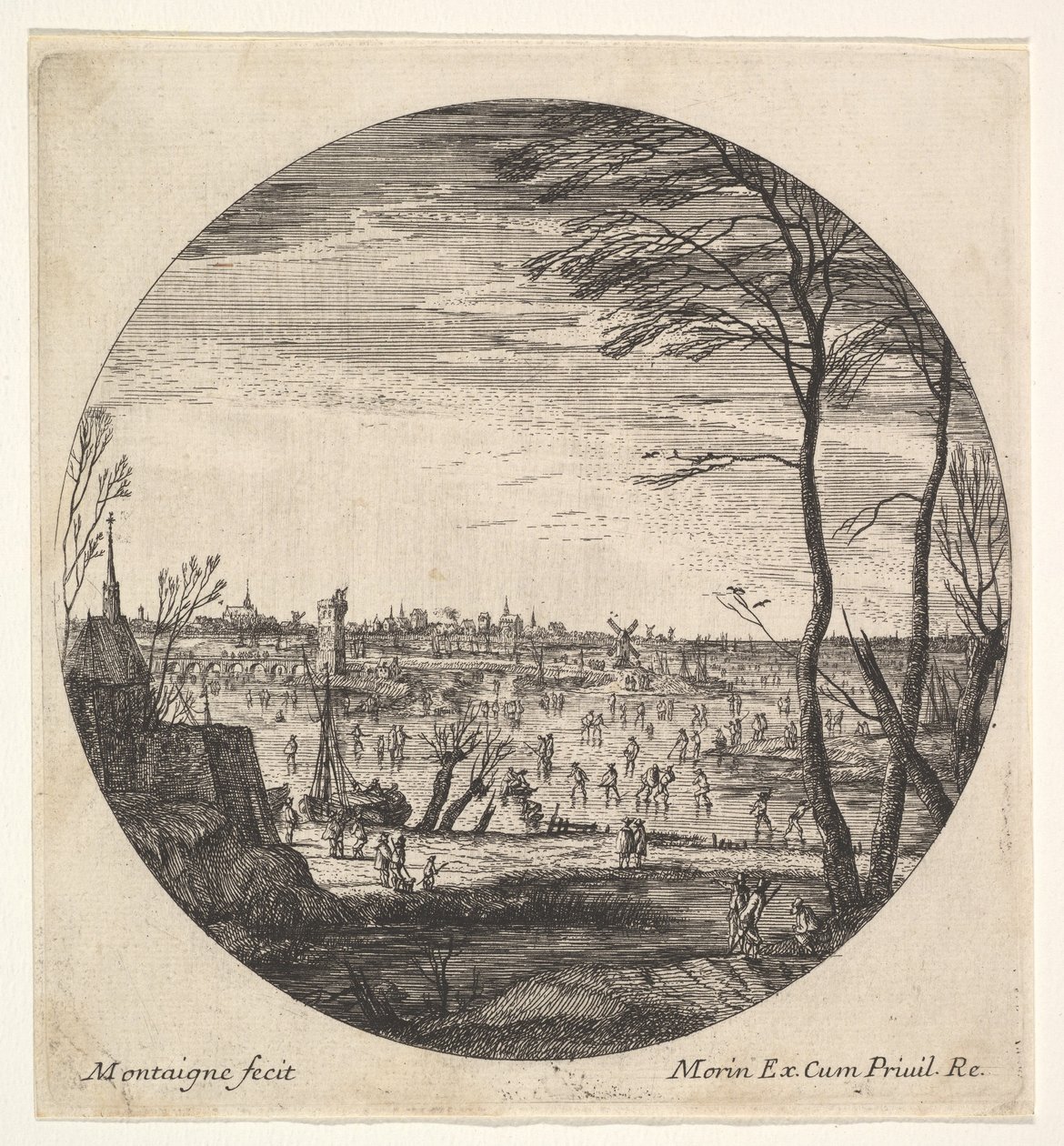 Winterlandschaft mit Schlittschuhläufern auf einem zugefrorenen Gewässer von Matthijs van Plattenberg