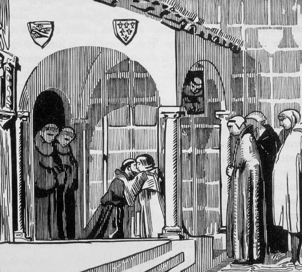 Französischer König Saint Louis (Louis IX 1214-1270) als Pilger bei Saint Frere Gilles in Perugia (graviert von Jacques Beltrand nach einer Zeichnung von Maurice Denis) von Maurice (after) Denis