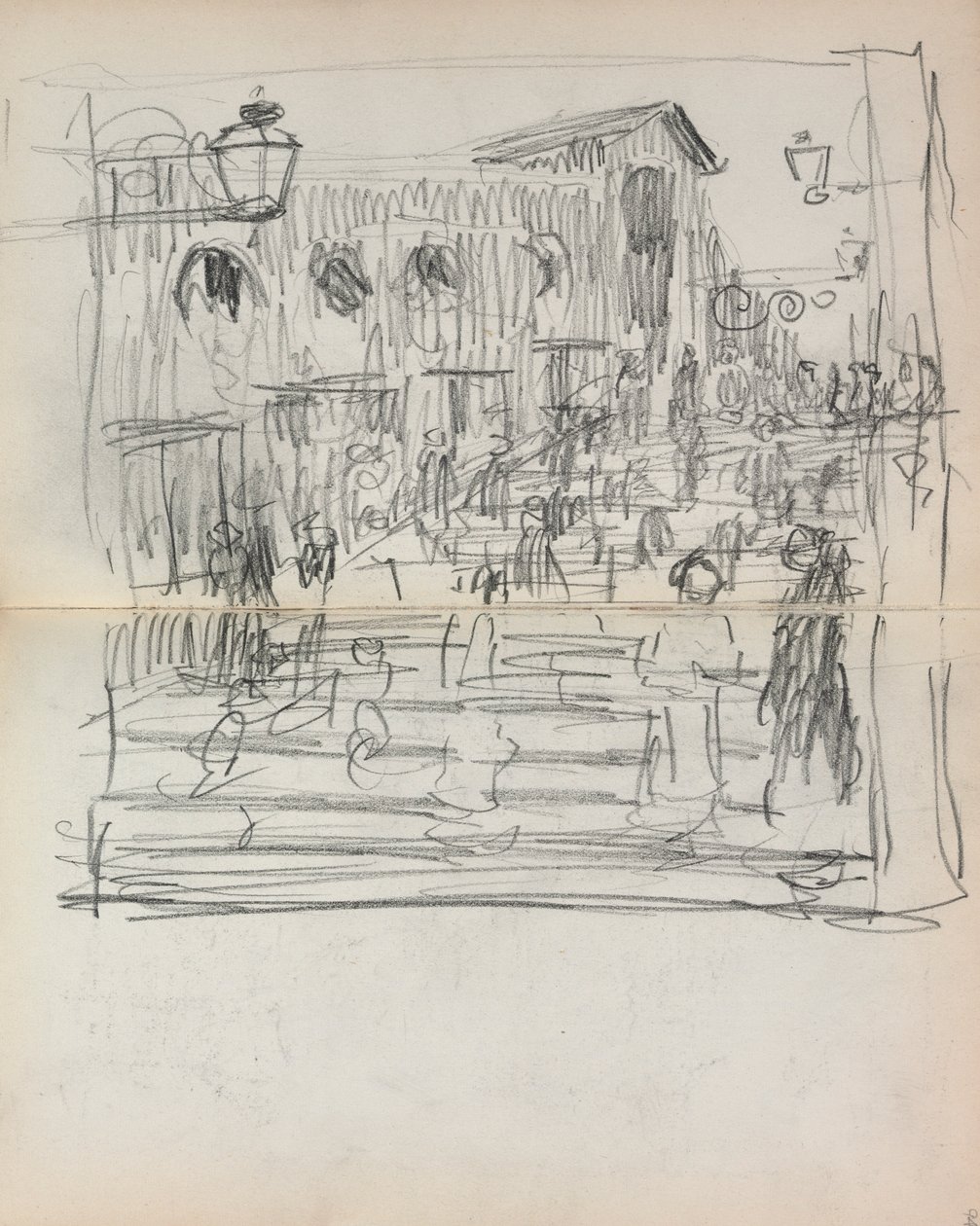 Italienisches Skizzenbuch: Brücke mit Figuren, Seite 93 & 94, 1898-1899 von Maurice Brazil Prendergast
