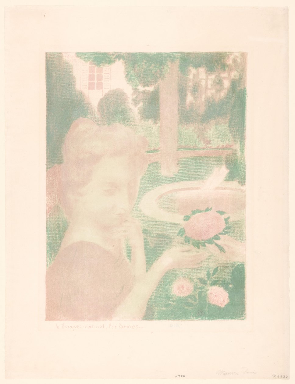 Junge Frau erhält Blumenstrauß in einem Garten von Maurice Denis