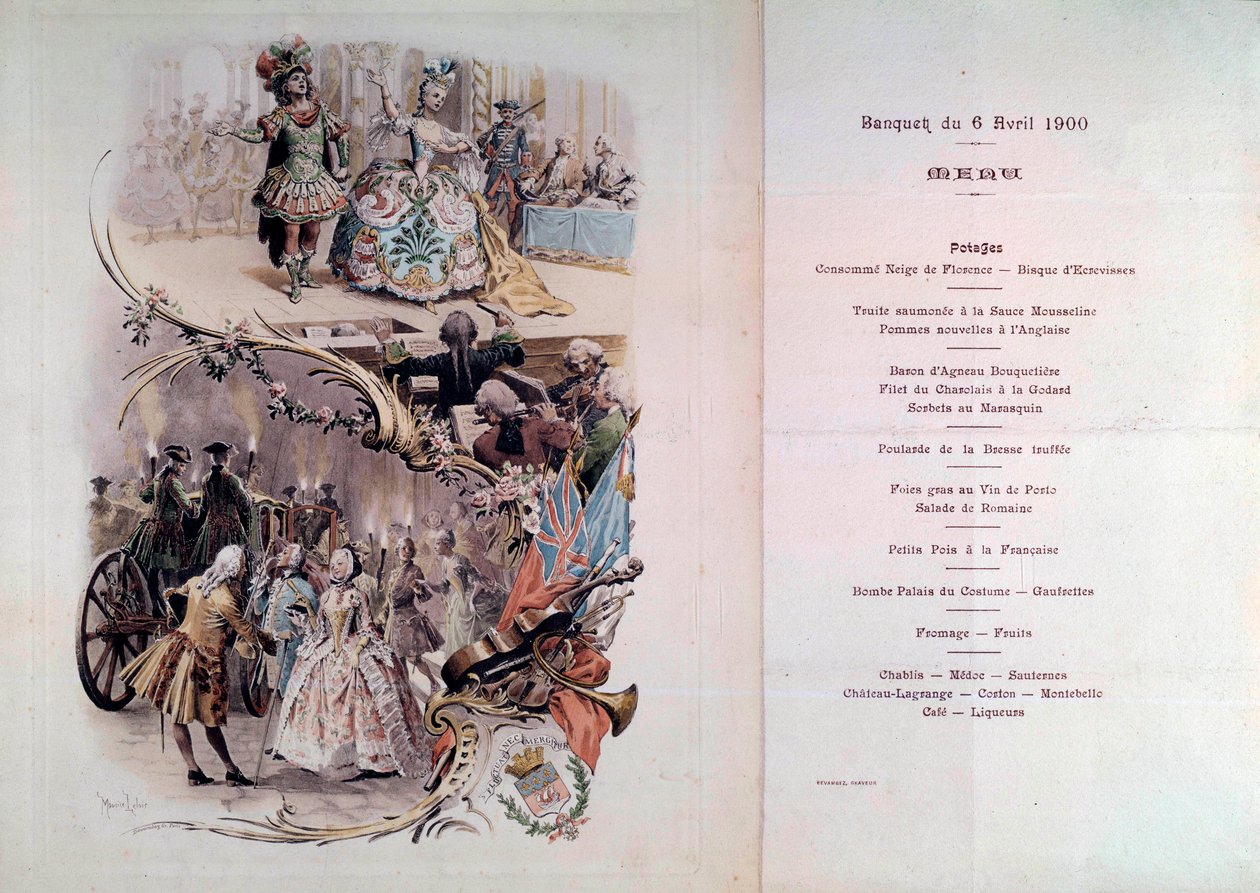 Hochzeitsmenü mit Illustration von Maurice Leloir (1851-1940) von Kostümbällen und galanten Szenen, 6.04.1900 von Maurice Leloir