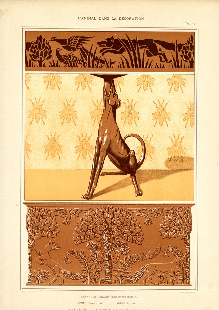 Jugendstil-Tiermotive: Hund, Fasan und Bienen (Litho) von Maurice Pillard Verneuil
