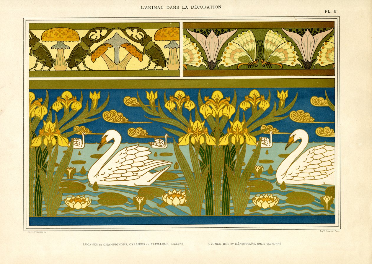 Dekorative Ränder mit Schwänen, Insekten und Iris von Maurice Pillard Verneuil