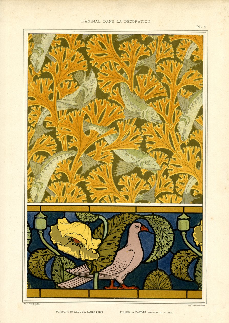 Fisch- und Taubenmotive in ornamentaler Naturkondensation von Maurice Pillard Verneuil