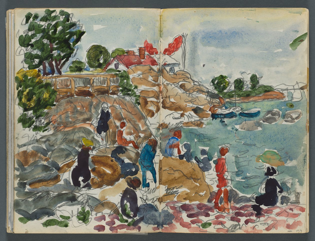 Skizzenbuch, The Dells, Nr. 127, Seite 158 & 159: Küstenlandschaft mit Figuren von Maurice Prendergast