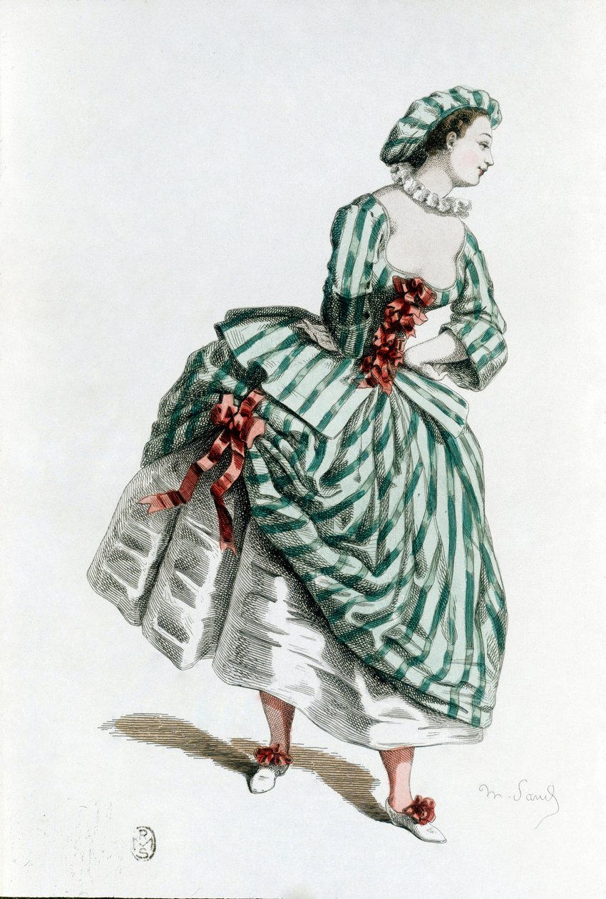 Kostüm und Maske von Colombine (corallina) im Jahr 1855, weiblicher Charakter in der commedia dell