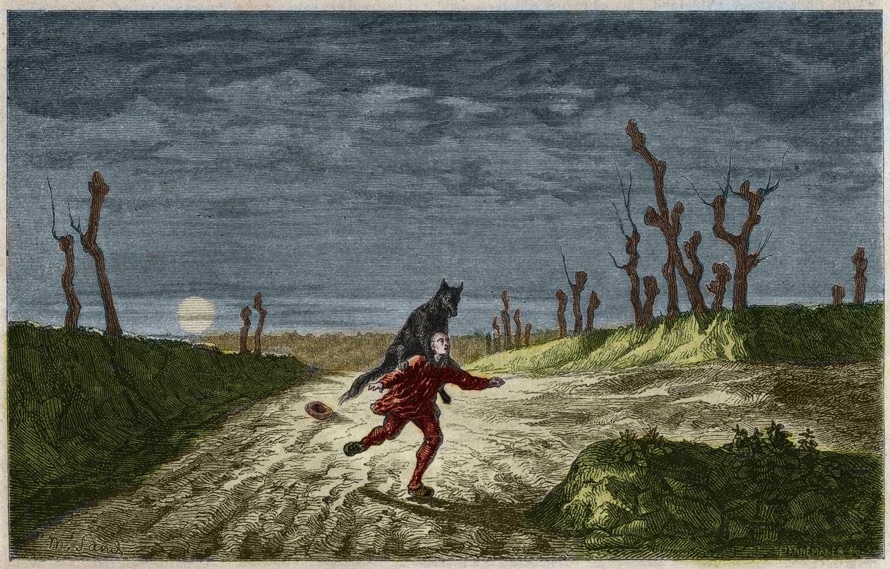 Der Werwolf (Der Werwolf, lupo mannaro) Gravur nach einem Gemälde von Maurice Sand. Gravur von 1857. von Maurice Sand