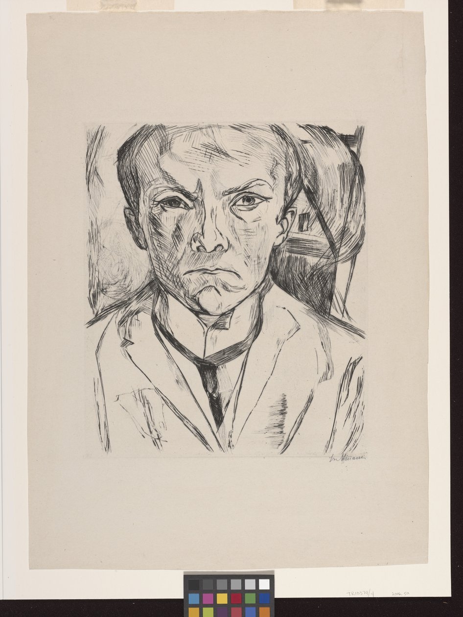 Frontal-Selbstporträt mit Hausgiebel im Hintergrund von Max Beckmann