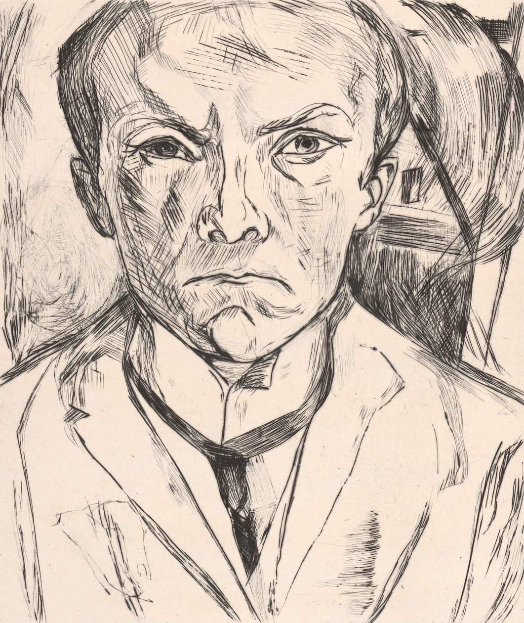 Selbstbildnis von vorn, im Hintergrund Hausgiebel von Max Beckmann