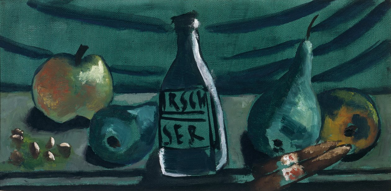 Stillleben mit Apfel und Birne (Stillleben mit Kirschlikörflasche) von Max Beckmann