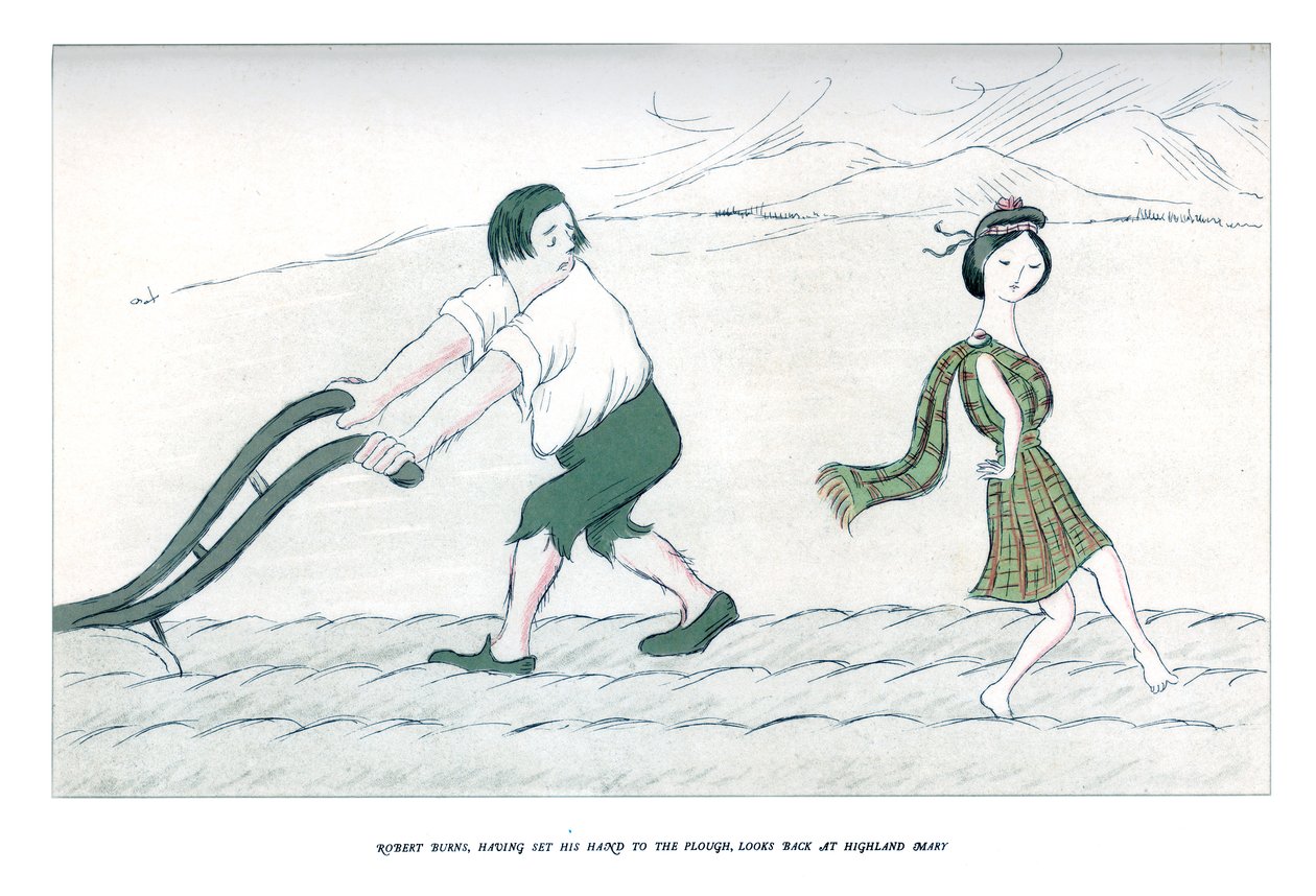 Robert Burns, der seine Hand an den Pflug gelegt hat, blickt zurück auf Highland Mary, 1904 von Henry Maximilian Beerbohm