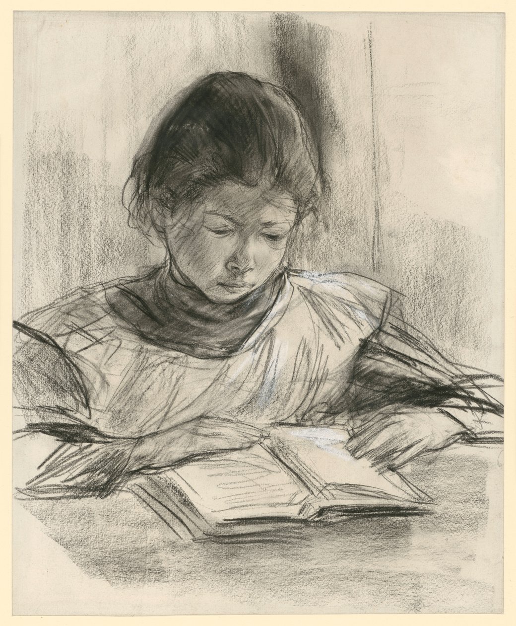 Porträt der Tochter des Künstlers. Brustbild en face am Tisch und lesend von Max Liebermann