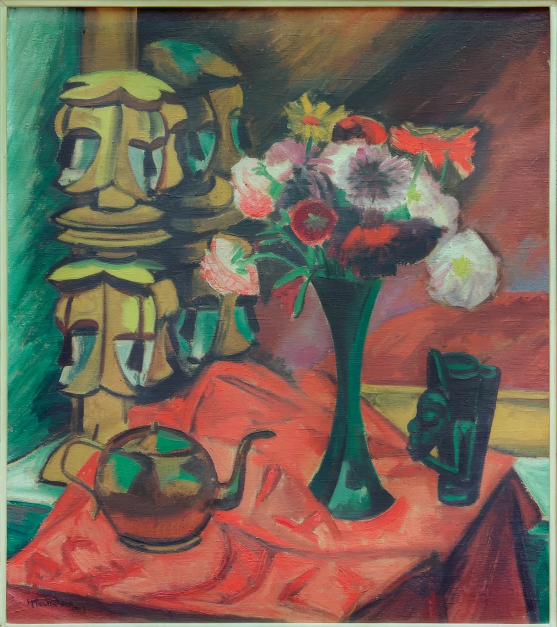 Stilleben mit Masken und Blumen von Max Pechstein
