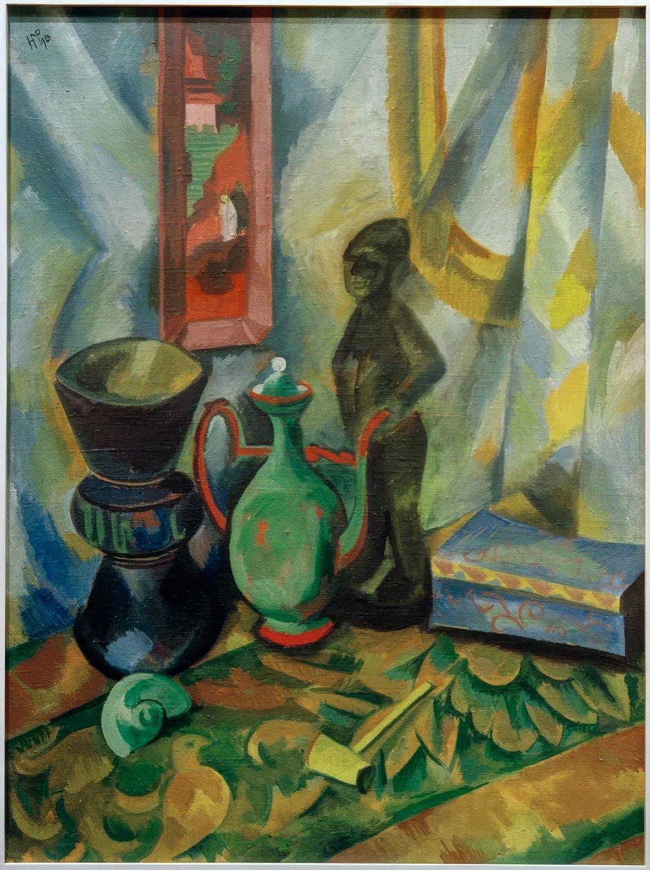 Stillleben mit Vase, maurischer Kanne und Holzfigur von Max Pechstein