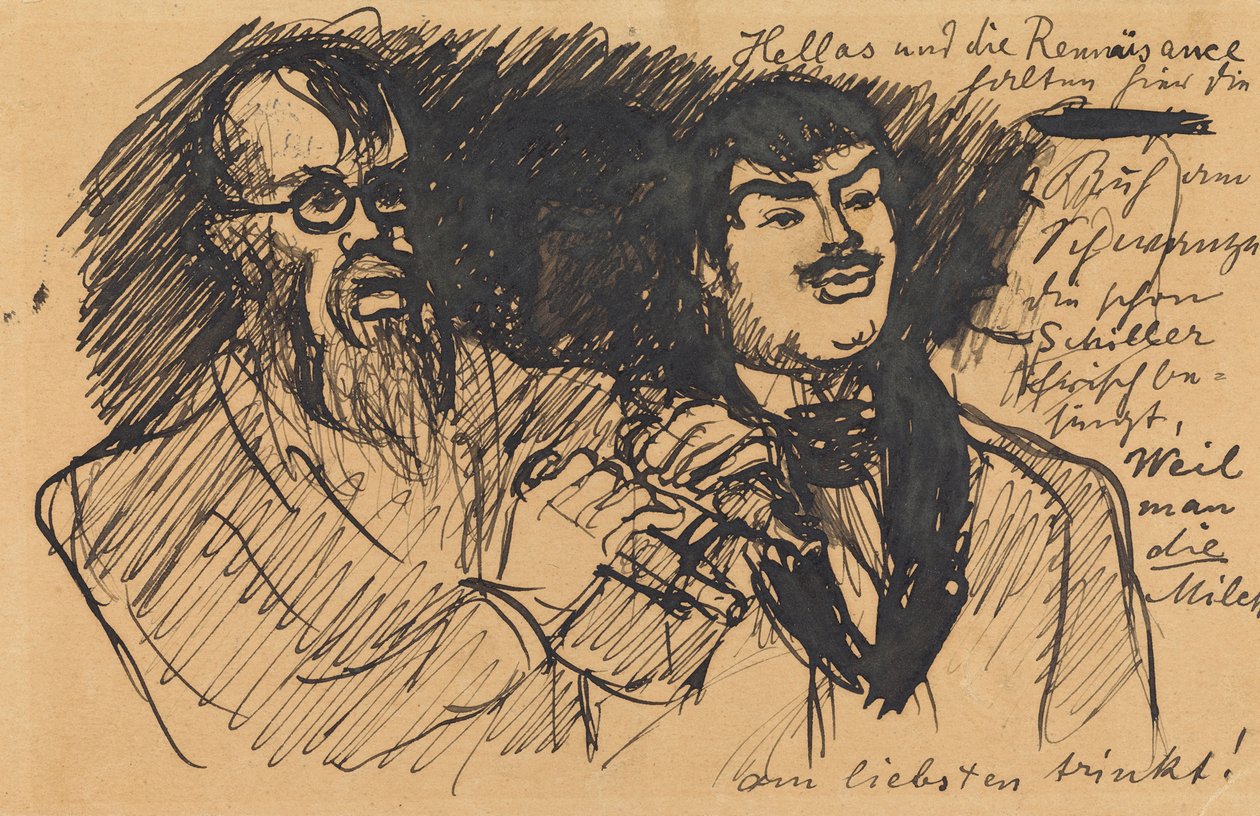 Drei Lenbach-Karikaturen: a) Brustbild; b) Ganzfigur; c) zusammen mit Stuck von Max Slevogt