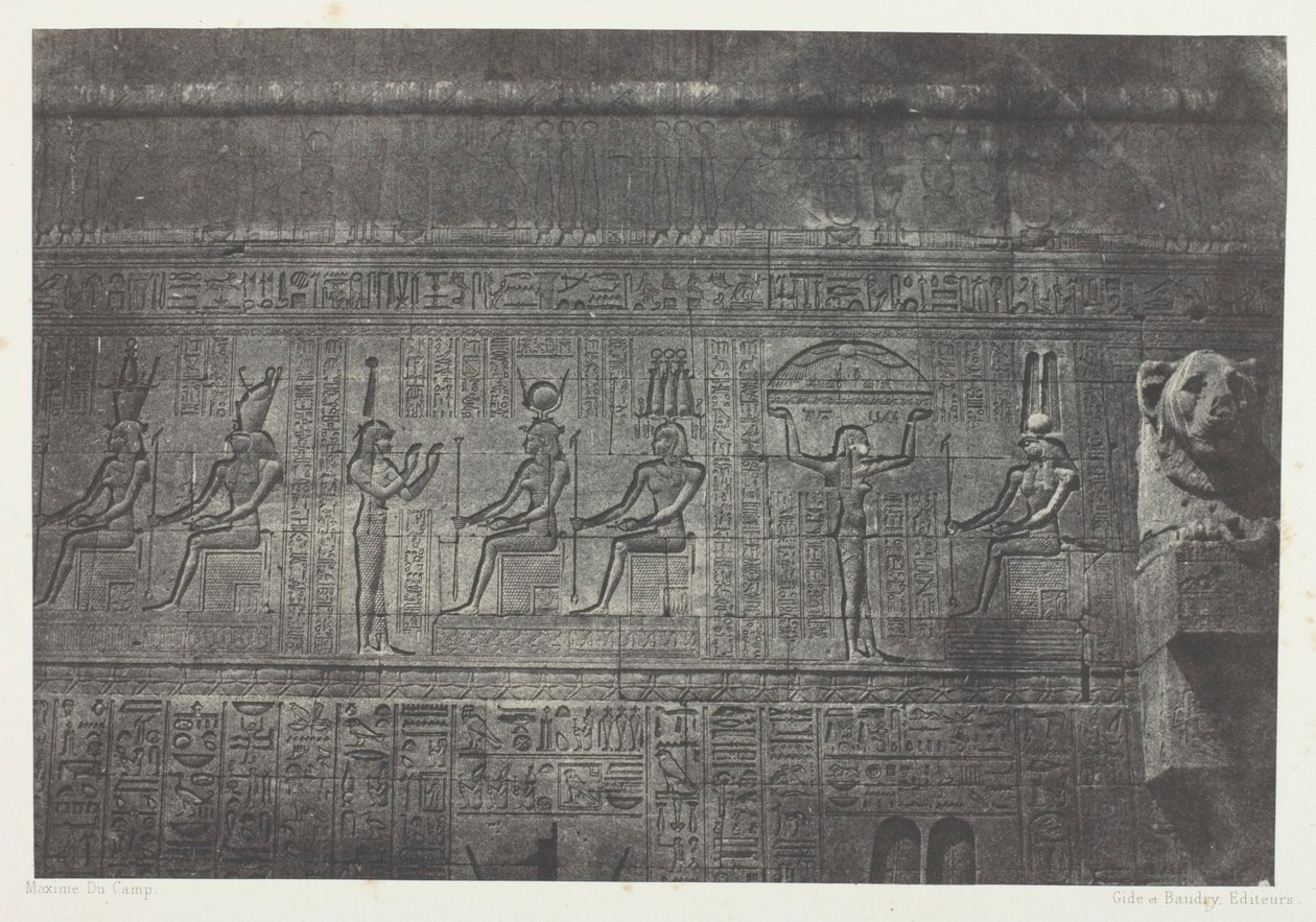 Großer Tempel von Dendérah (Teutyres), Skulpturen der hinteren Fassade; Oberägypten, Platte 20 aus dem Album "Egypte, Nubie, Palestine et Syrie" (1852) von Maxime Du Camp