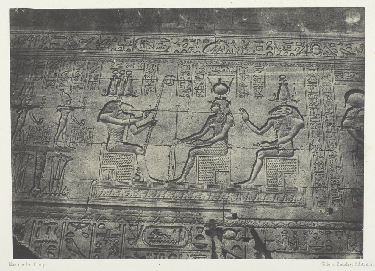Großer Tempel von Dendérah (Teutyres), Skulpturen der hinteren Fassade; Oberägypten, Tafel 19 aus dem Album "Ägypten, Nubien, Palästina und Syrien" (1852) von Maxime Du Camp