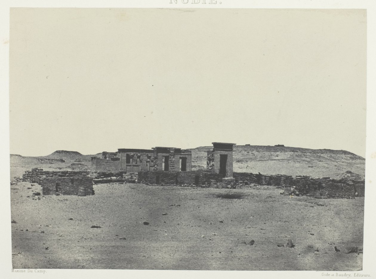 Tempel und Dorf von Debod, Parembole des Itinerars von Antonin; Nubien, Tafel 85 aus dem Album "Ägypten, Nubien, Palästina und Syrien" (1852) von Maxime Du Camp