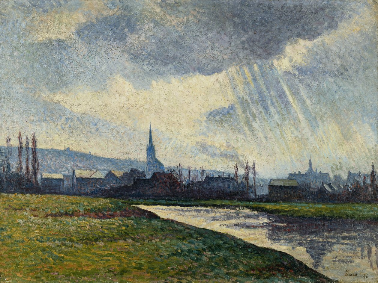 Couillet, Charleroi, Landschaft am Fluss; Couillet, Charleroi, Landschaft am Flussufer, 1896 von Maximilien Luce