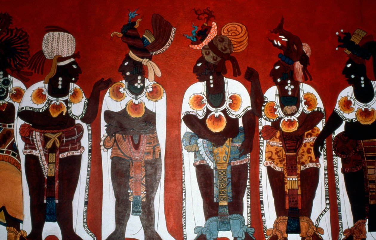Reproduktion eines Wandgemäldes, das edle Männer zeigt, die für eine Zeremonie gekleidet sind, aus dem Tempel der Wandgemälde, Bonampak von Mayan