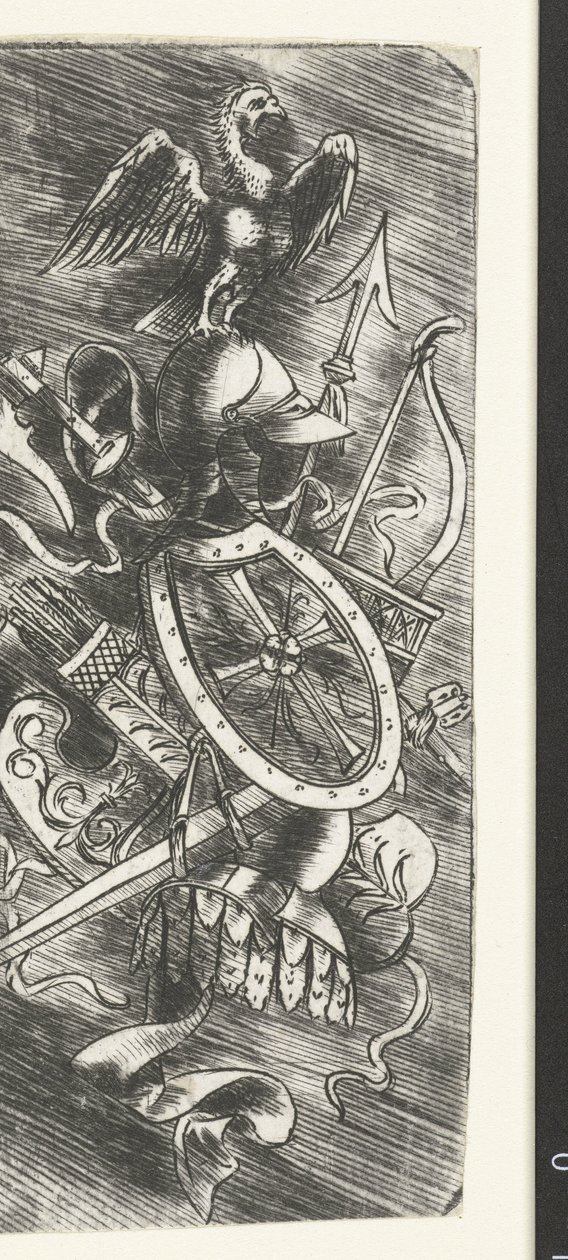 Adler auf Waffentrophäen mit verschiedenen Waffen von Meester van 1515
