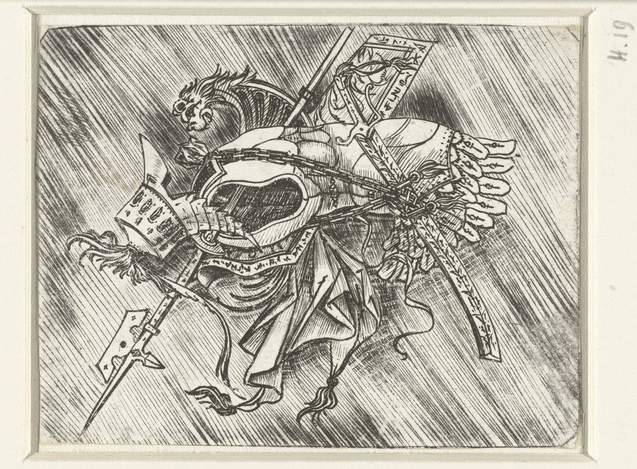 Waffentrophäen darunter Harnisch und Helm und Hellebarde von Meester van 1515