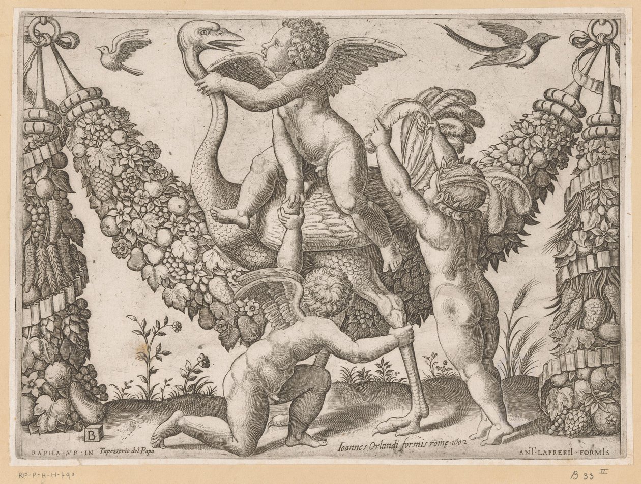 Drei Putti und ein Strauß von Meester van de Dobbelsteen