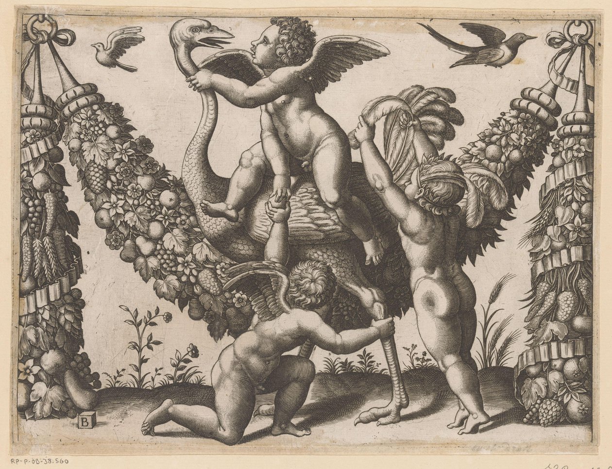 Drei Putti und ein Strauß (Tapisserieën van de paus) von Meester van de Dobbelsteen
